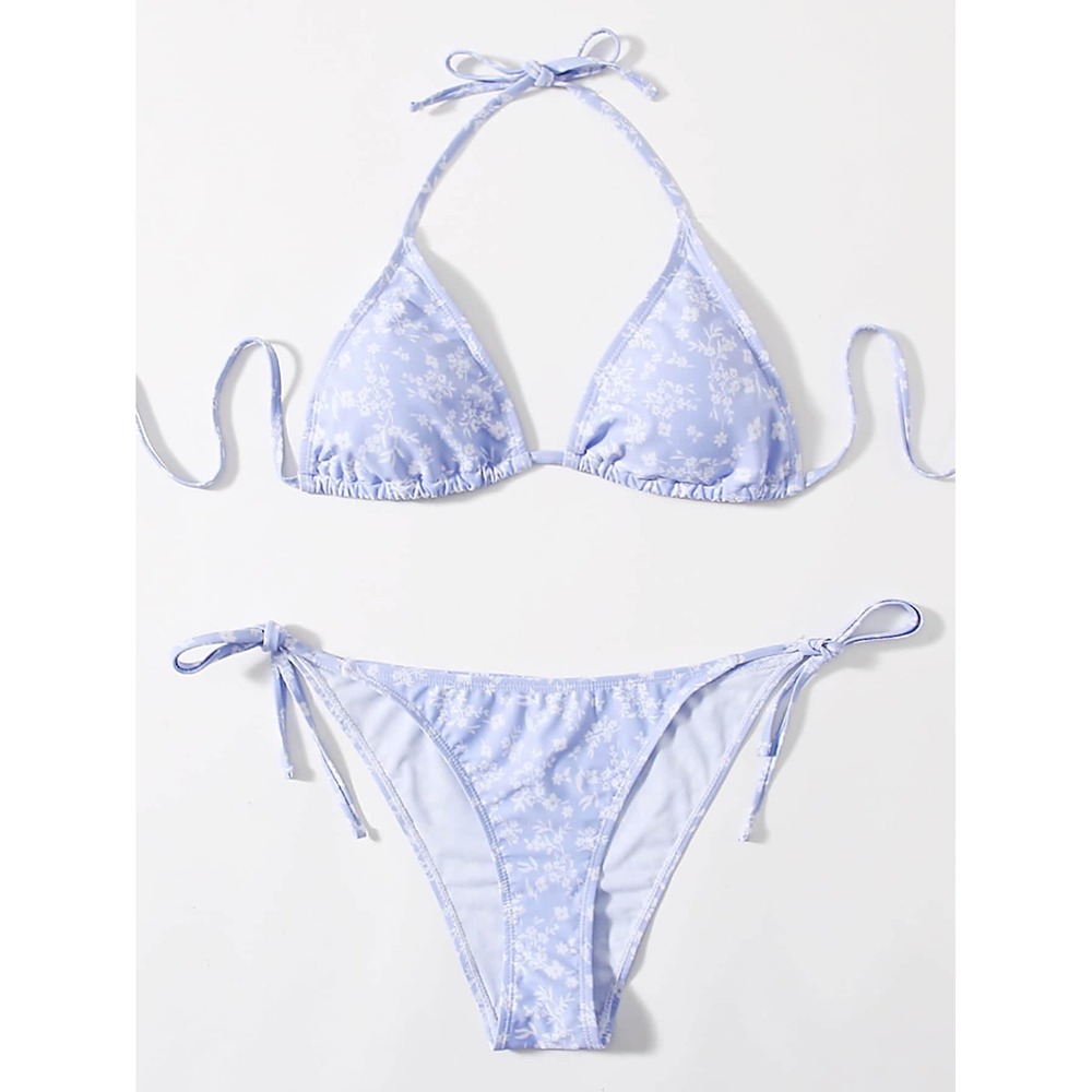 SHEIN Light Blue Floral Triangle Halter Side‎ Tie Bikini Set Size XSmall